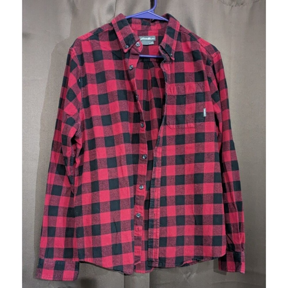Eddie Bauer Men’s Red Plaid Long Sleeve Button Down Flannel Size L Comfort